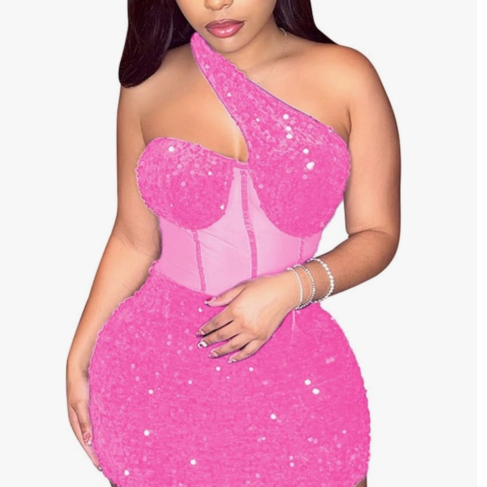 One-Shoulder Pink Sequin Bodycon Dress